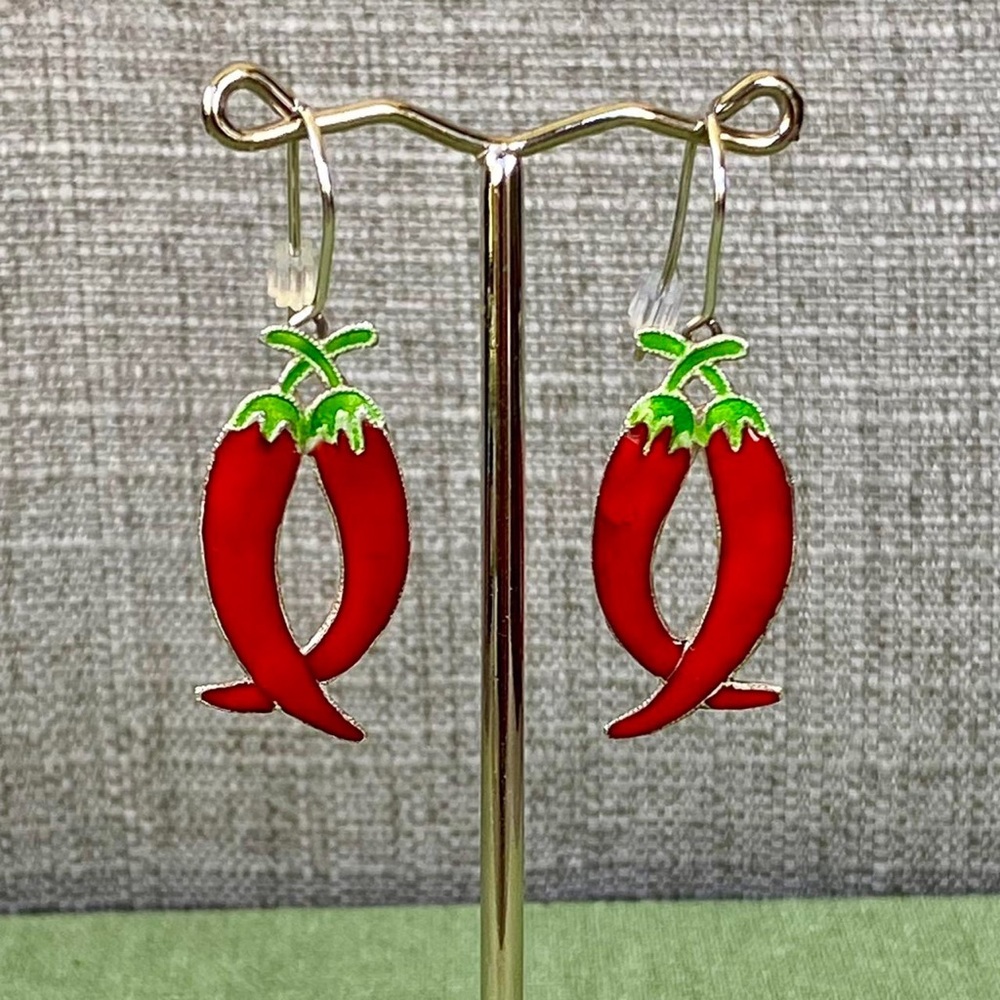 Vintage Enamel Hot Chillies Sterling Silver Drop Dangle Statement Earrings